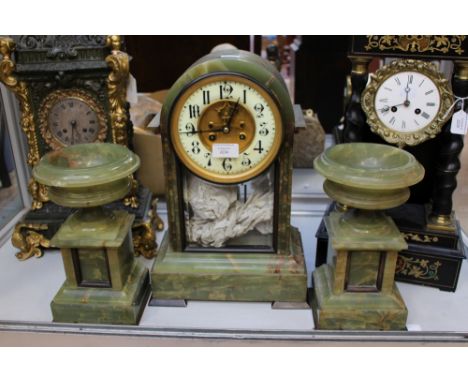A 19th Century green onyx striking clock garniture stamped S. Marthie elite (3)
