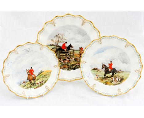 Three fluted and graduated Royal Crown Derby plates, hand-painted hunting scenes, signed C.M. Pell