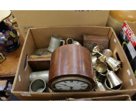 A mahogany waisted mantle clock with two oak crests and assorted pewter, EPNS and a silver backed brush
