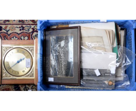 A blue tray of railwayana including photos, tie pin, clock, certificate etc
