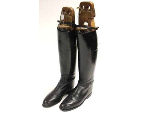 A pair of gents black leather hunting boots complete with Peel & Co wooden trees, approx size 10