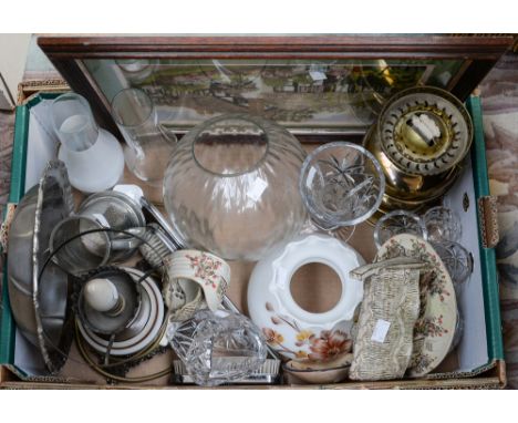 A parcel lot to include brass and glass oil lamp style lamps with tunnels and globe, stoneware, cut glass, dressing table set