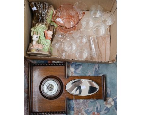 Edwardian etched glassware, a barometer with mirror, pink glass, water jug and an Eastgate pottery jug (qty)