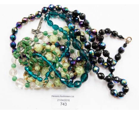 A 1920s part necklace (shortened) of cut glass and jade green agate beads, a string of Murano glass beads, a green bead rosar