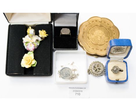 A Victorian shilling bracelet, silver marcasite ring, George V 3d ring, porcelain jewellery, power compact etc.