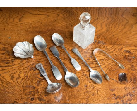 A shell shaped salt with hallmarks worn, a caddy spoon, sugar tongs, a pair of teaspoons initialled, London 1890, plus two ot