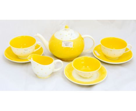 Susie Cooper yellow spot paint tea service with teapot, cream and sugar bowl (8)