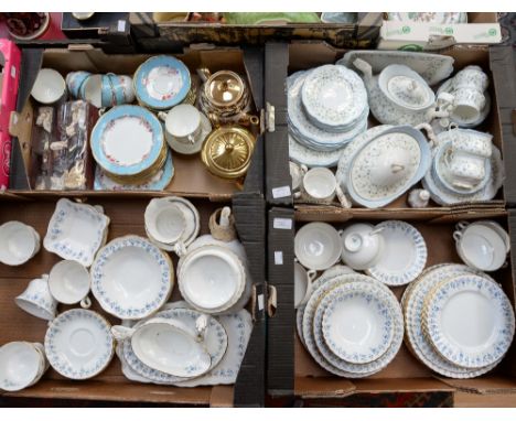 Two boxes of Royal Albert part dinner and tea service, 'Memory Lane', and 'Caroline' with a further box of ceramics containin