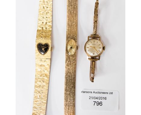 A ladies' yellow metal Rotary wrist watch, having expanding strap with a Rone yellow metal dress watch, and one further ladie