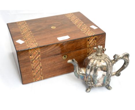 A parquetry decorated Tunbridge ware jewellery box, a plated small tea pot, four watches to include Rotary in box