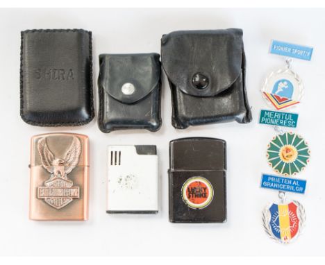 Eagle Double Flame motor cycles brushed copper cigarette lighter, Lucky Strike and Sarome lighters and a three Romanian Cold 
