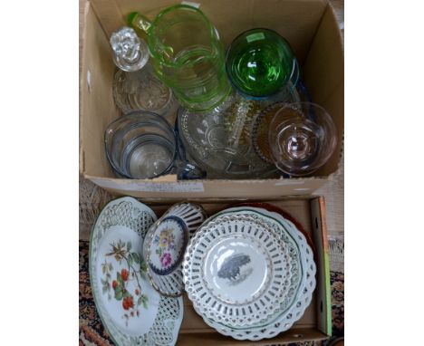 A 1920s Blue glass jug, pale green jug, vases, wine decanter, and a box of continental plates (2 boxes)