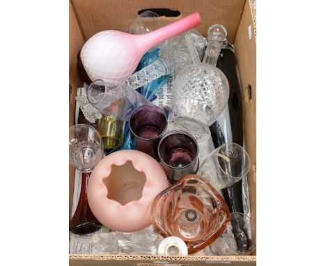 A box of assorted glassware, including studio glass, glass decanter etc