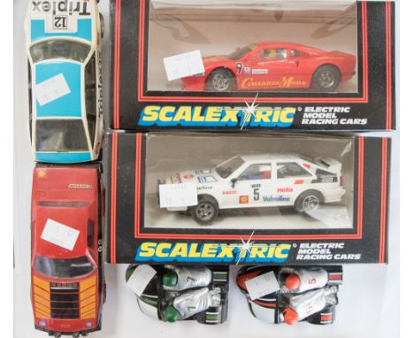 Scalextric C349 Audi Quattro, C391 Ferrari GTO both boxed and unboxed Rover, TR7 and two motorcycle sidecar combos 