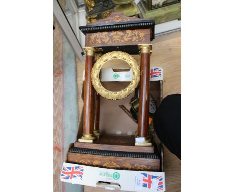 A restoration project, consisting of an inlaid mantle clock, having four pillars damaged, plus enamelled face and workings, O