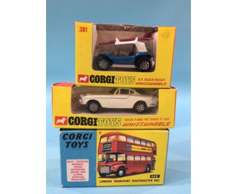 A Corgi London Transport Routemaster Bus, 468, a Corgi Whizzwheels G.P. Beach Buggy, 381 and a Corgi Whizzwheels Volvo P.1800