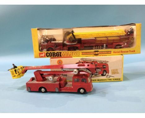 A Corgi Aerial Rescue truck, 1143 and a Dinky Merryweather Marquis Fire Tender, 285 (2)
