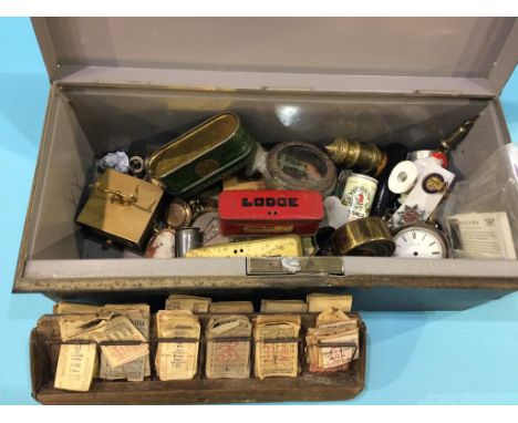 A box of assorted, to include ticket stubs and pocket watches etc.
