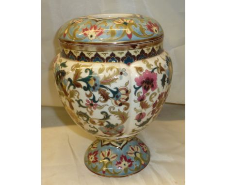 Zsolnay Pecs pot pourri vase with floral and gilt decoration