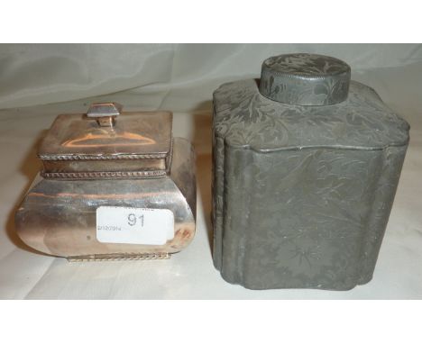 Silver plated tea caddy and a Pewter tea caddy with floral detail (2)