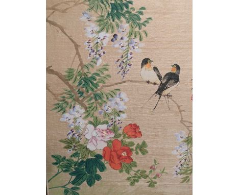 Two late 20th century Chinese gouaches on fabric of birds within trees 35 x 26cm together with a modern Chinese print of hors