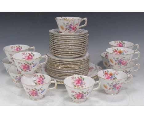 A Royal Crown Derby part tea service with gilt and floral design. Two serving plates, sugar bowl, 12 side plates, 12 saucers,