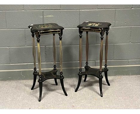 A pair of Edwardian style ebonised and parcel gilt torchères, with four fluted supports and out swept turned feet 78 x 34 x 3