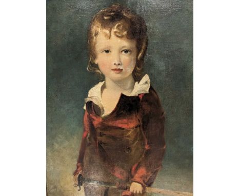 Manner of Thomas Lawrence Half-length portrait of a boy in a red coat holding a sword Unsigned,Oil on canvas,63.5cm x 47.5cmA