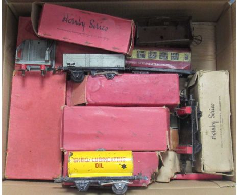 Hornby O gauge LMS tank loco 0-4-0, no.2115, boxed, good; with Castrol Barrel wagon, brake van, 2 coaches, and other freight 