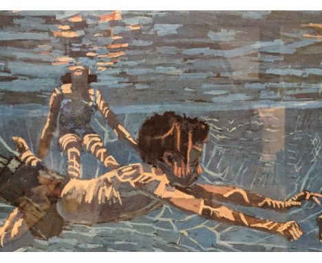 Patrick Gibbs (b.1959-)  Children swimming  signed and numbered 14/30  print  37 x 71cm