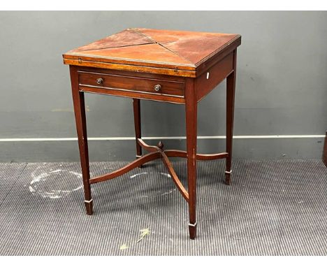 An Edwardian mahogany envelope card table with single drawer on square tapered legs75 x 57 x 57cm closed72 x 80 x 80cm open
