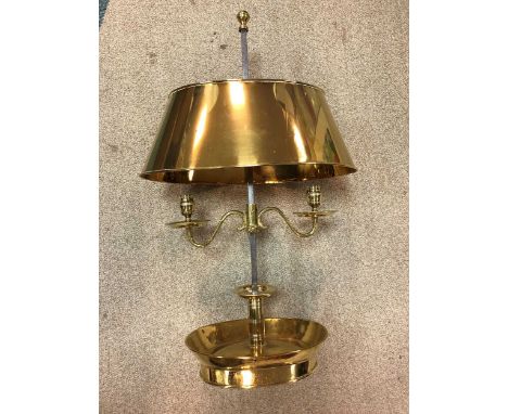 A brass lamp en bouillotte,  162 x 24cm together with a four branch brass candle holder converted to a lamp   general conditi