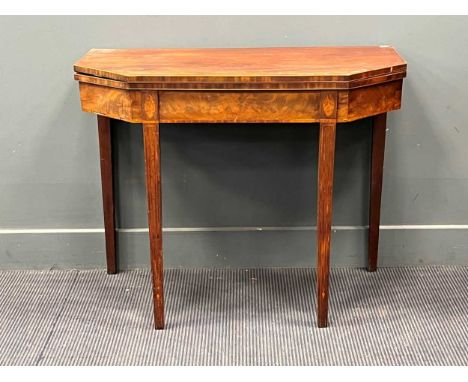 A George III line inlaid mahogany card table with canted rectangular top on tapered legs 73 x 92 x 45.5cm closed and 70.5 x 9