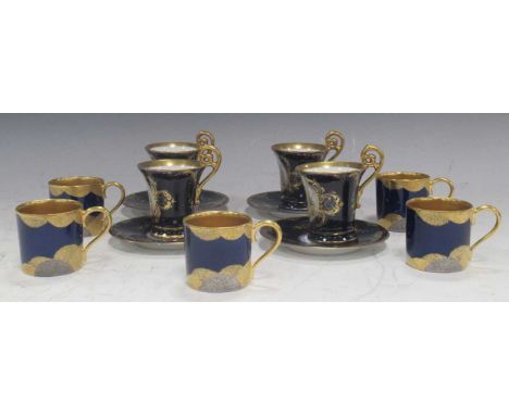 19th century Berlin Factory coffee cups and saucers, 4 cups, 4 saucers, underglaze blue beehive mark. Together with five furt