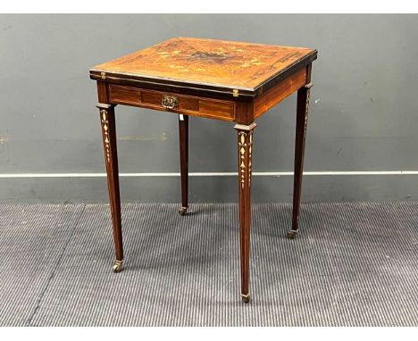 An Edwardian rosewood and inlaid envelope card table, on tapering legs with castors75 x 56 x 56cm closed73 x 79.5 x 79.5cm op