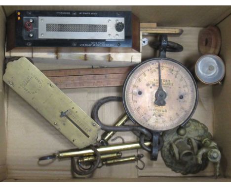 Various old scientific apparatus including resistors and capacitors, transformers, gauges, weighing scales, lab glassware, et