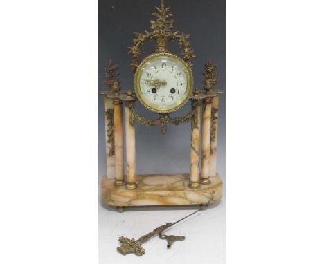 A marble and gilt metal mounted portico clock, the enamelled dial with arabic chapter ring, eight day movement, 45cm high