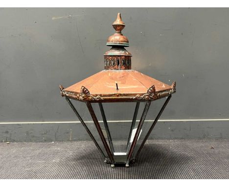 A large copper six sided glazed street lantern, with regency motifs, converted. 79cm x 64cm
