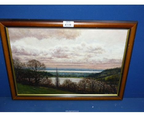 A framed and mounted Oil painting of Wentwood Reservoir and Bristol Channel, by Peter Trayler.