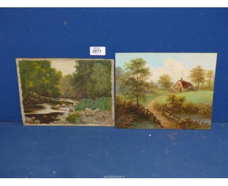 Two Oils on board, one skilfully depicting a river landscape signed A. Newhouse, 1901, the other a country landscape with a t