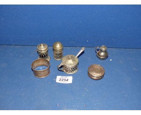 A Silver napkin ring (hallmark rubbed), a silver trinket Pot with gilded interior, an Epns cruet set and a miniature pepper p