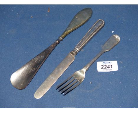 Three items of silver incl. an 1855 fork (49 gms), an 1876 knife with silver blade and handle, (total weight 57 gms) and a si