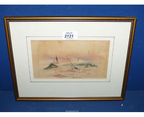 A framed and mounted Watercolour depicting a river landscape with boats, initialed G.B 1962.