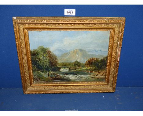 A small gilt framed Oil on canvas depicting a river landscape with figures on the bank and mountains in the distance, 15 1/4"