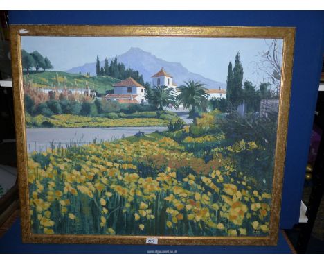 A framed Oil on canvas of a Mediterranean landscape of a river landscape with flowers, houses and mountains in the distance, 