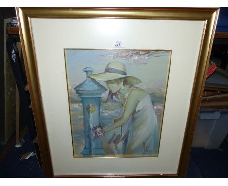 A framed and mounted Oil painting by Innocenzo Melani of a young lady by the water fountain, 27" x 31", Certificate of Authen