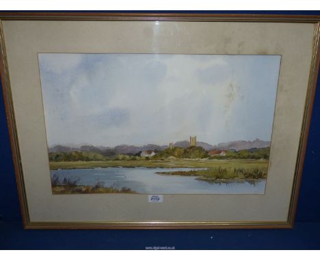 A framed and mounted Watercolour depicting a river landscape with a Village and Church in the distance, signed lower right Jo
