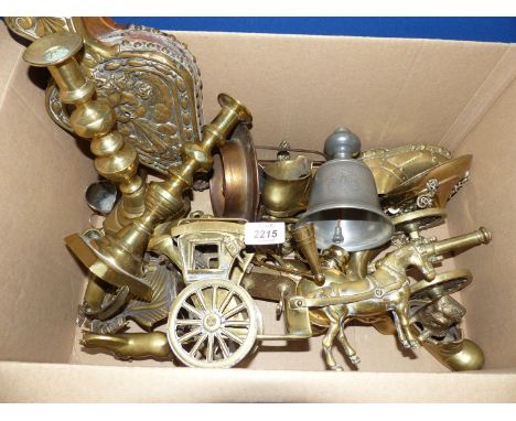 A quantity of brass to include: a pair of candlesticks, horse and carriage ornament, brass cannon, a Silver Jubilee pewter be