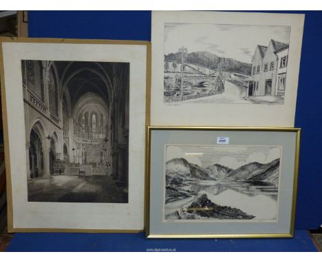 An unframed etching of the inside of a Cathedral by W.V. Collette, two black and white prints of Holmbrook, Cumberland and Wa