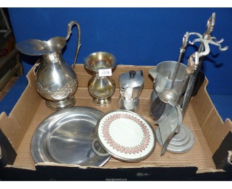 A box of metalware to include: a large jug, vase, coffee pot, etc.